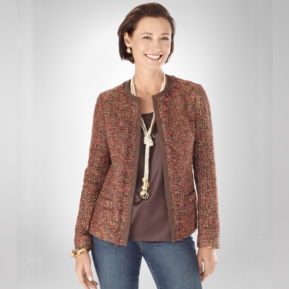 Chicos Blazer Size 2 Copper Rainbow Boucle Tweed Wool Blend Metallic Large - Picture 1 of 12